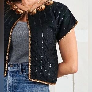 Vintage Silk Black Sequin Beaded Party Formal Wrap Hand Made Large